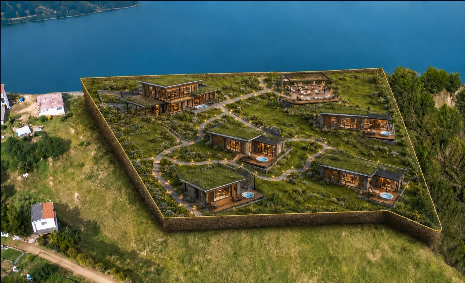 Render conceptual de un proyecto turístico en el terreno de Quilotoa