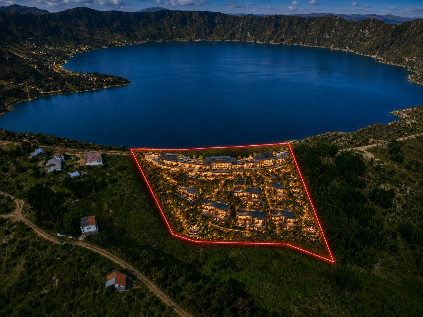 Render conceptual del desarrollo integral dentro del terreno con contorno rojo y vista a Quilotoa